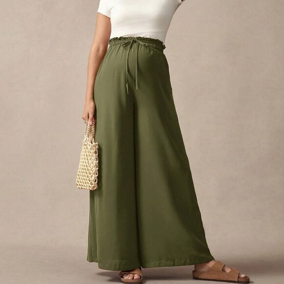 Maternity Army Green Casual Women's Bow detailed Wide Leg Loose Pants - Picture 5 of 7